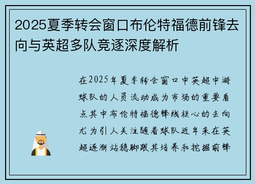 2025夏季转会窗口布伦特福德前锋去向与英超多队竞逐深度解析
